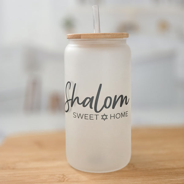 Shalom Sweet Home Printed Glass Can Cup Salt and Sparkle