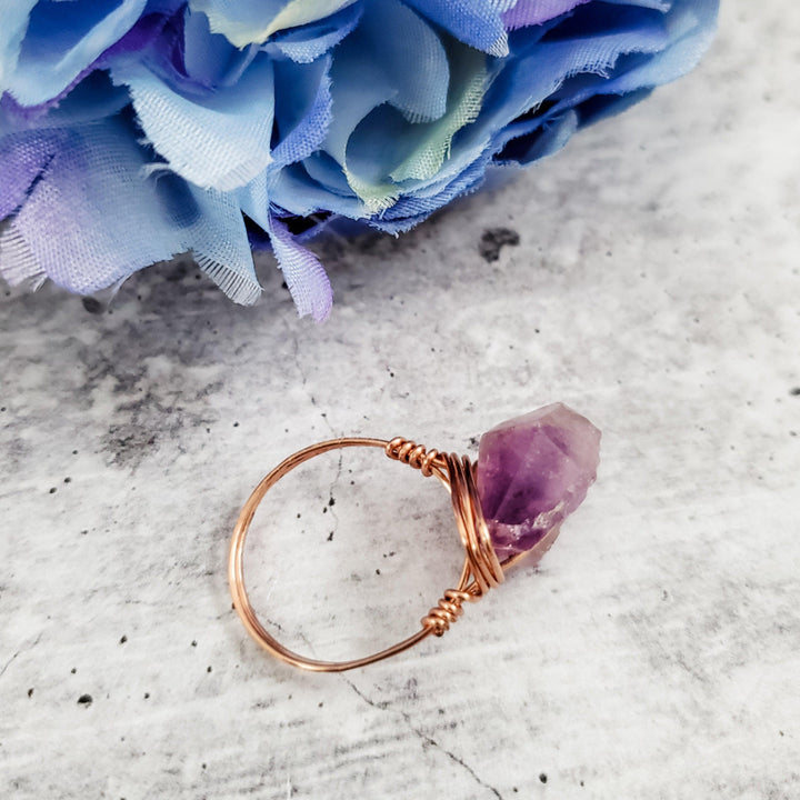 Amethyst Wire Wrapped Raw Crystal Ring Salt and Sparkle