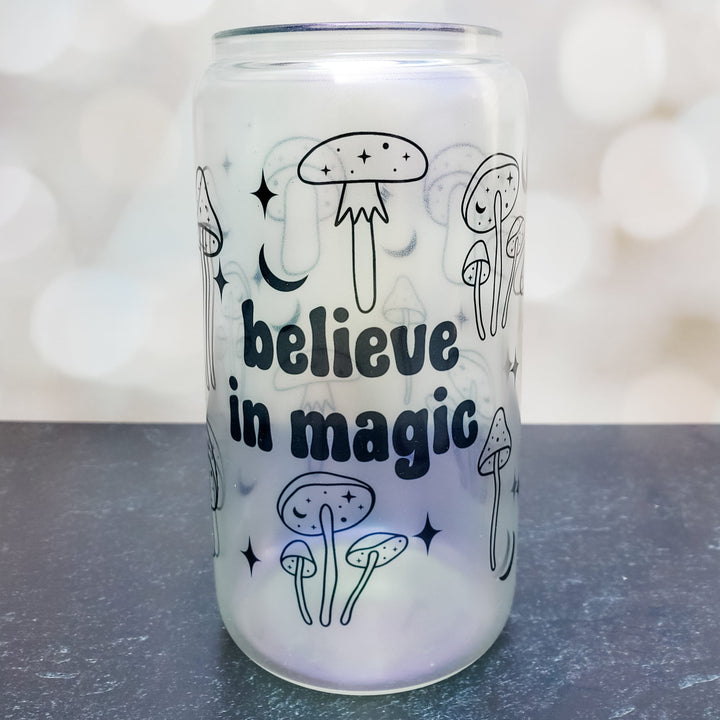 Believe in Magic Mushroom Halloween Cup - Cute Glass Can Cup for Spooky Season - Fall Mushroom Lover Halloween Glass Tumbler for Iced Coffee