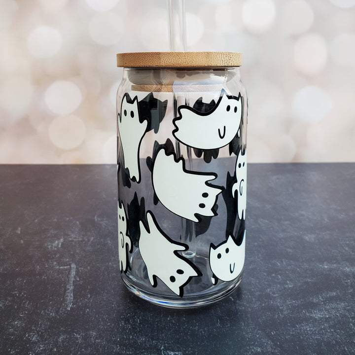 Cat Ghosts Glow in the Dark Iced Coffee Cup - Cute Kitty Halloween Beer Can Glass - Friendly Ghosts Halloween Party Cup -Gift for Cat Lover