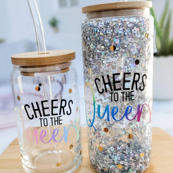 Cheers to the Queers Snowglobe Tumbler - PRIDE Parade Party Cup - LQBTQIA+ Travel Cup - Funny Glass Can Cup for Queer Non Binary Friend