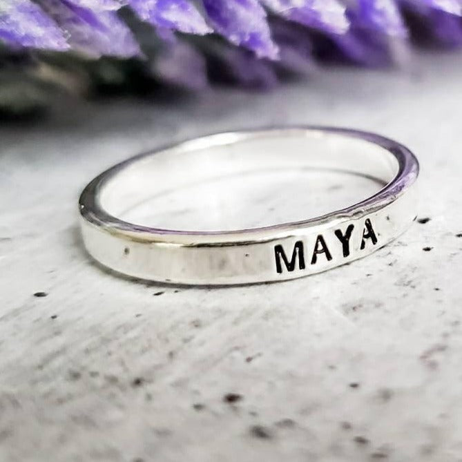 Custom Skinny Silver Name Ring Salt and Sparkle