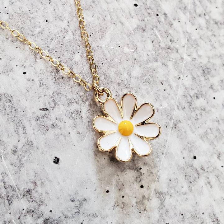 Gold Daisy Necklace - Enamel Daisy Flower Pendant -  Cute Daisy Gift for Her - Gold Daisy Charm Pendant for Teen - Layering Necklace for Mom