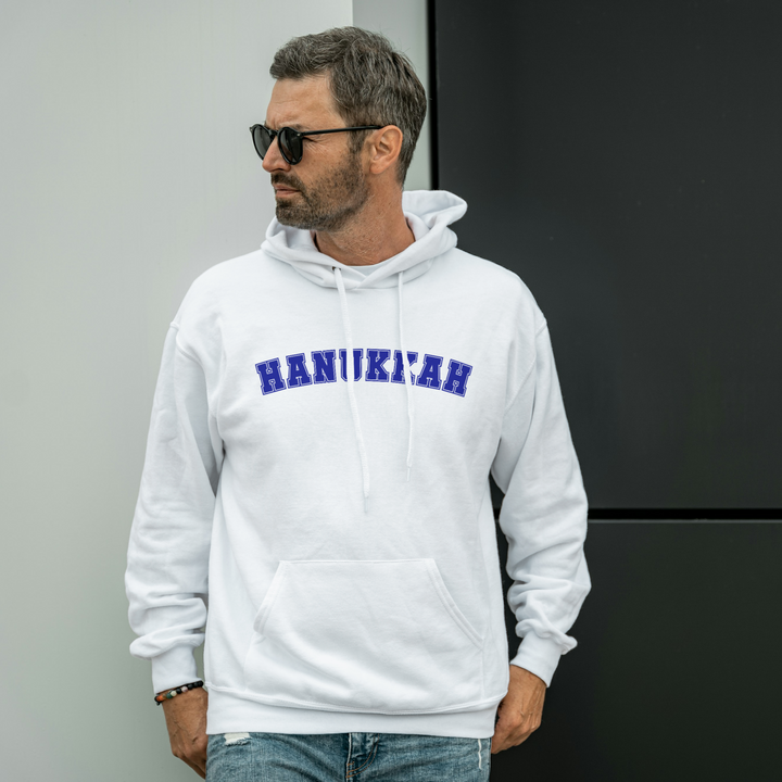 Hanukkah Gender Neutral Hooded Varsity Sweatshirt Salt and Sparkle