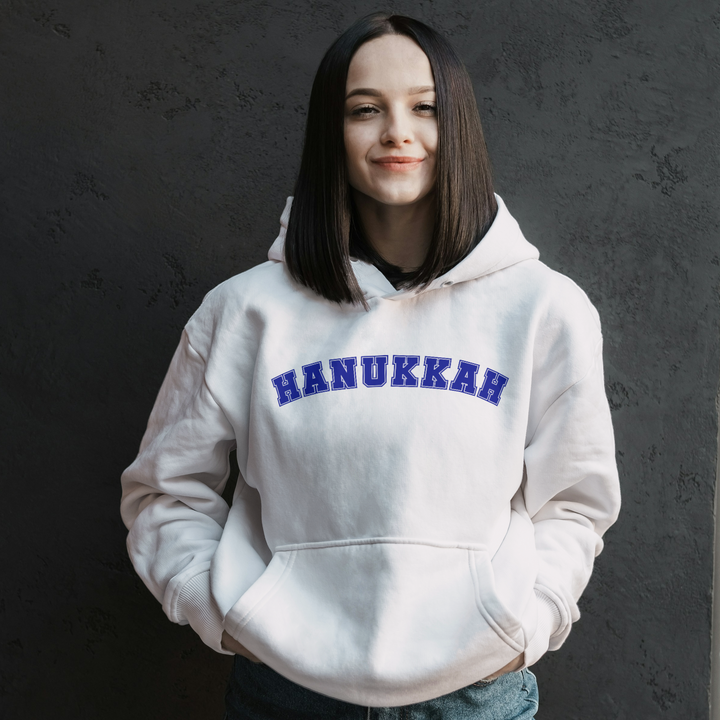 Hanukkah Gender Neutral Hooded Varsity Sweatshirt Salt and Sparkle