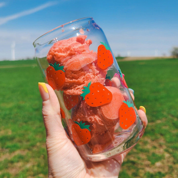 Strawberry Summer Glass Iced Coffee Cup - Strawberry Snow Globe Tumbler - Strawberry Beer Can Glass with Bamboo Lid - Summer Drink Tumbler