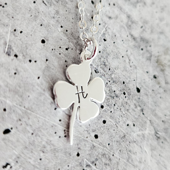 Silver Four Leaf Clover Initial Necklace - Irish Good Luck Charm for Spring Salt and Sparkle