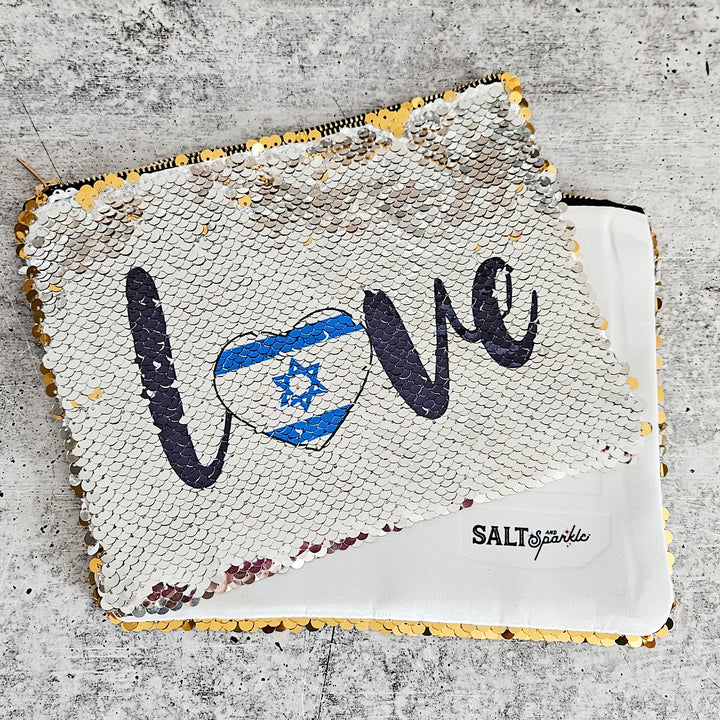 Love Israel Heart Flag Pouch | Sequined Secret Message Cosmetic Bag Salt and Sparkle