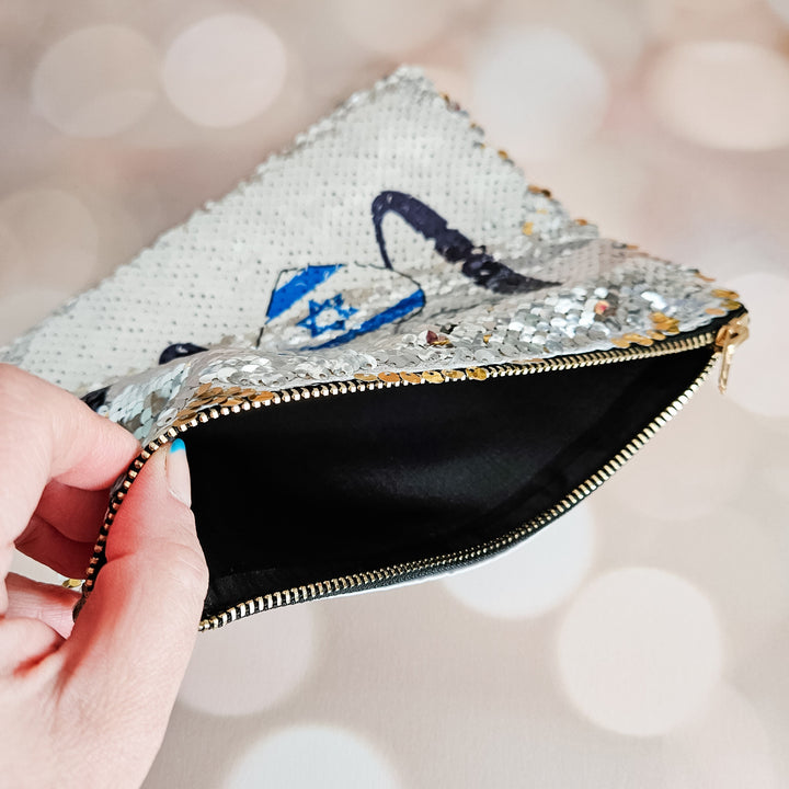 Love Israel Heart Flag Pouch | Sequined Secret Message Cosmetic Bag Salt and Sparkle