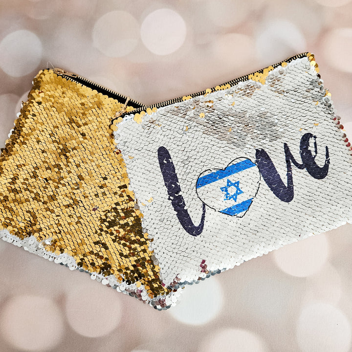 Love Israel Heart Flag Pouch | Sequined Secret Message Cosmetic Bag Salt and Sparkle