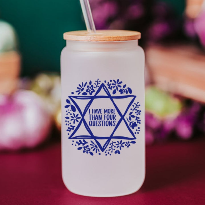 Four Questions Funny Passover Printed Glass Can Cup | Jewish Humor Gift Salt and Sparkle