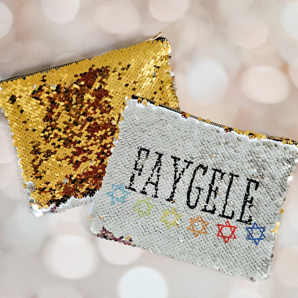 Jewish Gay Pride Pouch | Faygele Sequined Secret Message Cosmetic Bag Salt and Sparkle