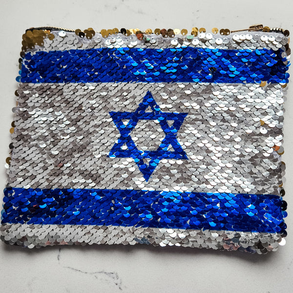 Israeli Flag Pouch | Sequined Secret Message Cosmetic Bag Salt and Sparkle