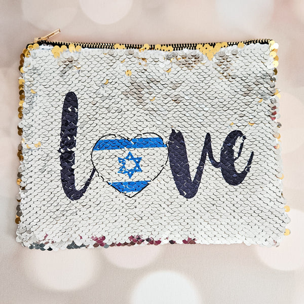 Love Israel Heart Flag Pouch | Sequined Secret Message Cosmetic Bag Salt and Sparkle