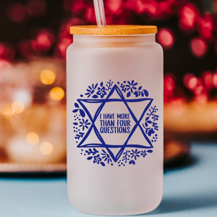 Four Questions Funny Passover Printed Glass Can Cup | Jewish Humor Gift Salt and Sparkle