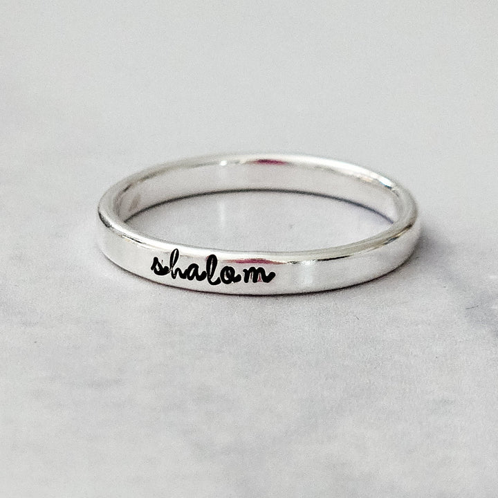 Shalom Sterling Silver Band Ring | Silver Jewish Pride Jewelry for Her Salt and Sparkle