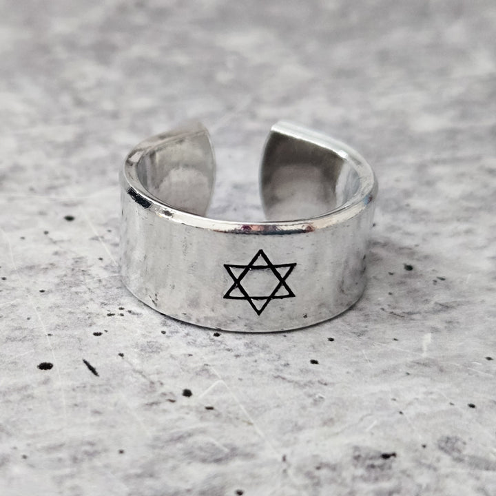 Star of David Open Back Wide Band Ring, Gender Neutral Magen David Jewelry, Minimalist Jewish Star Ring for Him, Stand with Israel Jewelry Salt and Sparkle