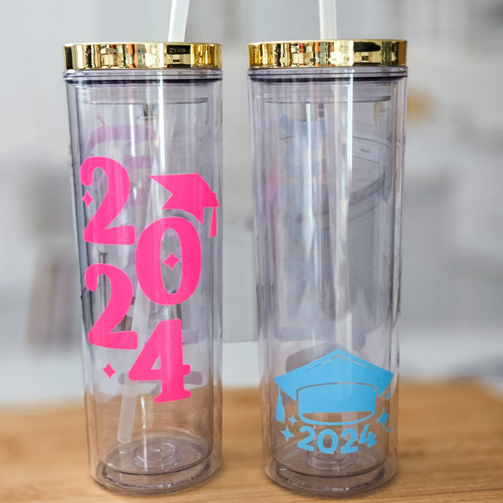 Class of 2024 Personalized Water Tumbler, Fun Name Cup with Graduation Cap and Year for High School Grad, Custom Gift for College Graduate Salt and Sparkle