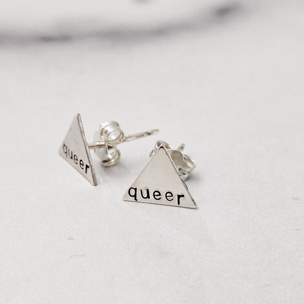 Queer Stud Earrings, Hand Stamped LGBTQ Sterling Silver Minimalist Stud Earrings, Minimalist Everyday Pride Jewelry for Pierced Ears, Salt and Sparkle