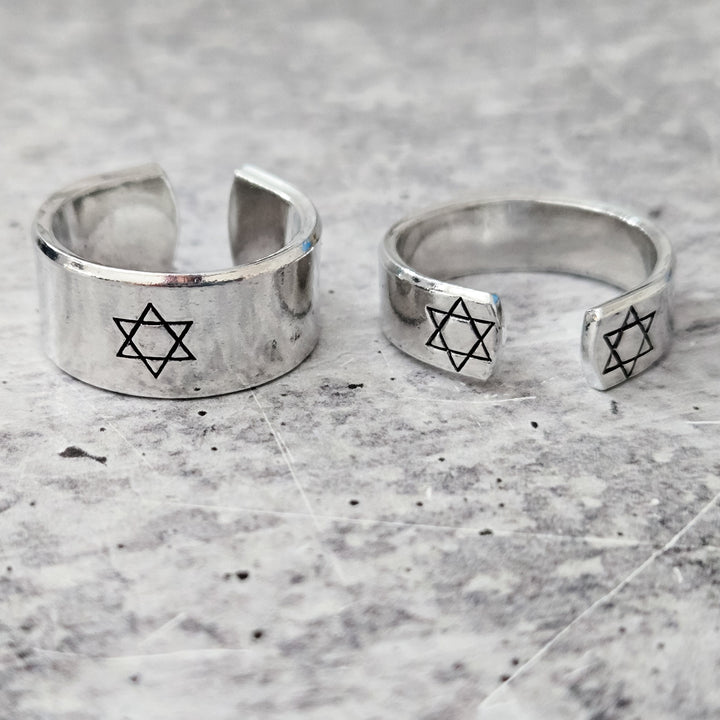 Star of David Open Back Wide Band Ring, Gender Neutral Magen David Jewelry, Minimalist Jewish Star Ring for Him, Stand with Israel Jewelry Salt and Sparkle