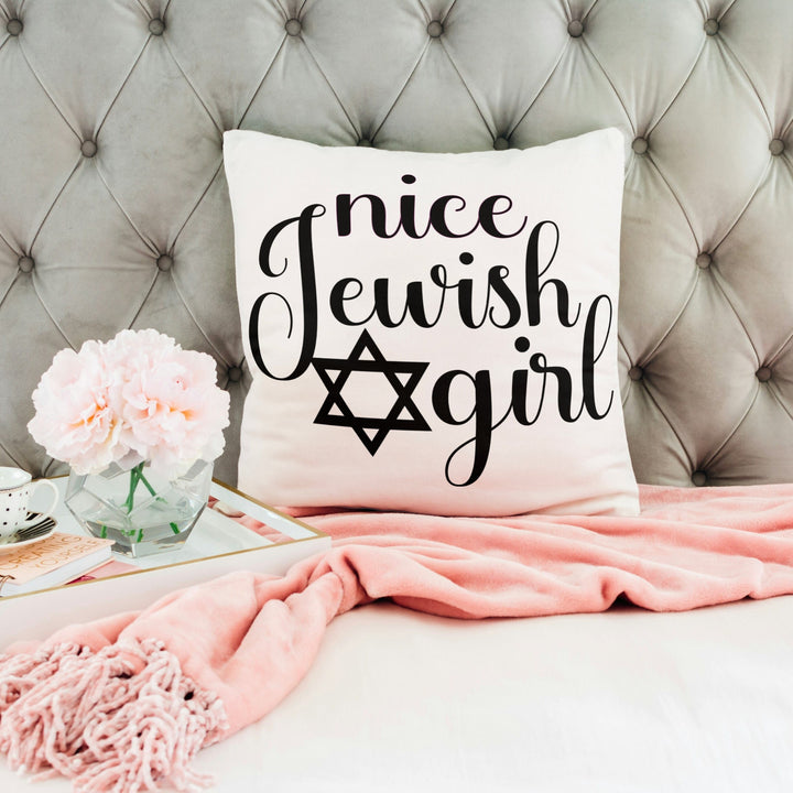 Nice Jewish Girl Throw Pillow, Funny Jewish Home Decor for First Apartment, Minimalist Judaica for Recent Grad, Hanukkah Gift for Her Salt and Sparkle