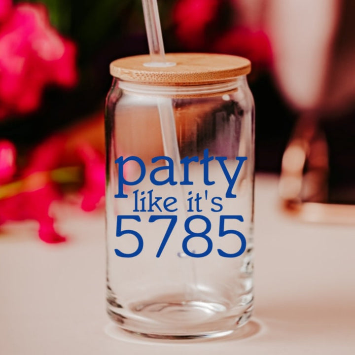 Party Like it's 5785 Rosh Hashanah Printed Glass Can Cup | Funny Jewish Humor New Years Iced Coffee Tumbler Salt and Sparkle