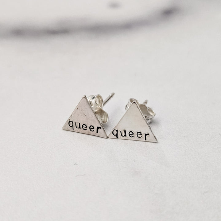 Queer Stud Earrings, Hand Stamped LGBTQ Sterling Silver Minimalist Stud Earrings, Minimalist Everyday Pride Jewelry for Pierced Ears, Salt and Sparkle