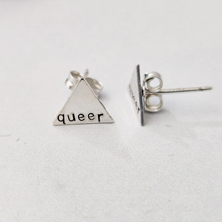 Queer Stud Earrings, Hand Stamped LGBTQ Sterling Silver Minimalist Stud Earrings, Minimalist Everyday Pride Jewelry for Pierced Ears, Salt and Sparkle