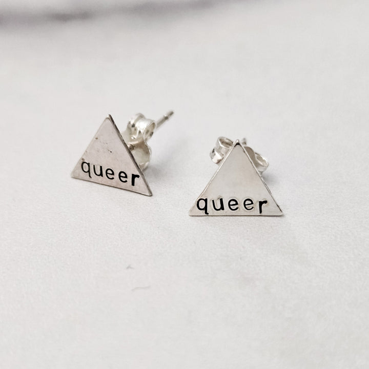 Queer Stud Earrings, Hand Stamped LGBTQ Sterling Silver Minimalist Stud Earrings, Minimalist Everyday Pride Jewelry for Pierced Ears, Salt and Sparkle