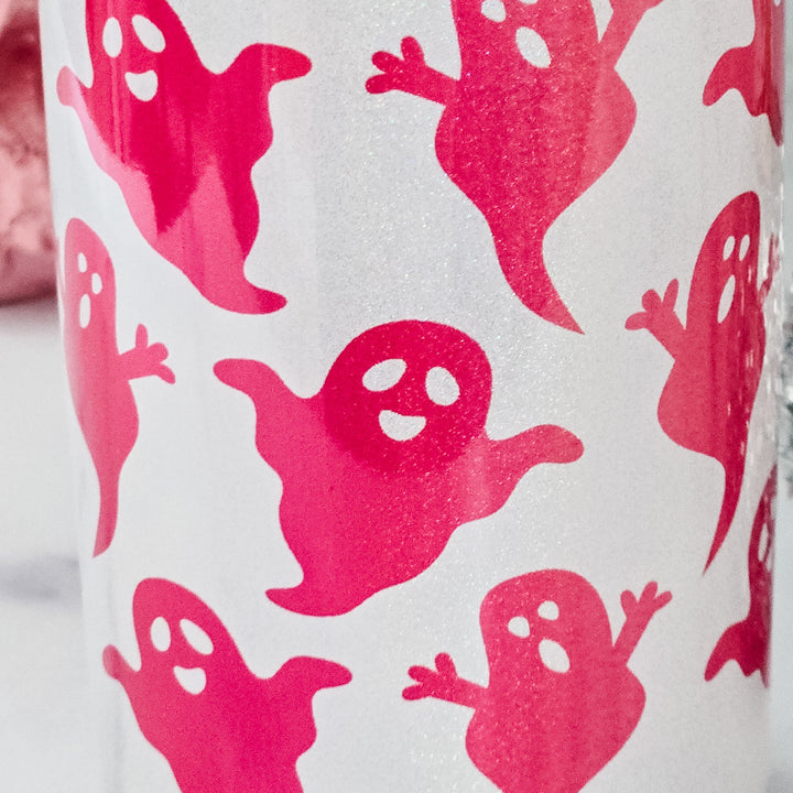 Pink Ghost Sparkly Printed Iced Coffee Cup - Cute Halloween Beer Can Glass Salt and Sparkle