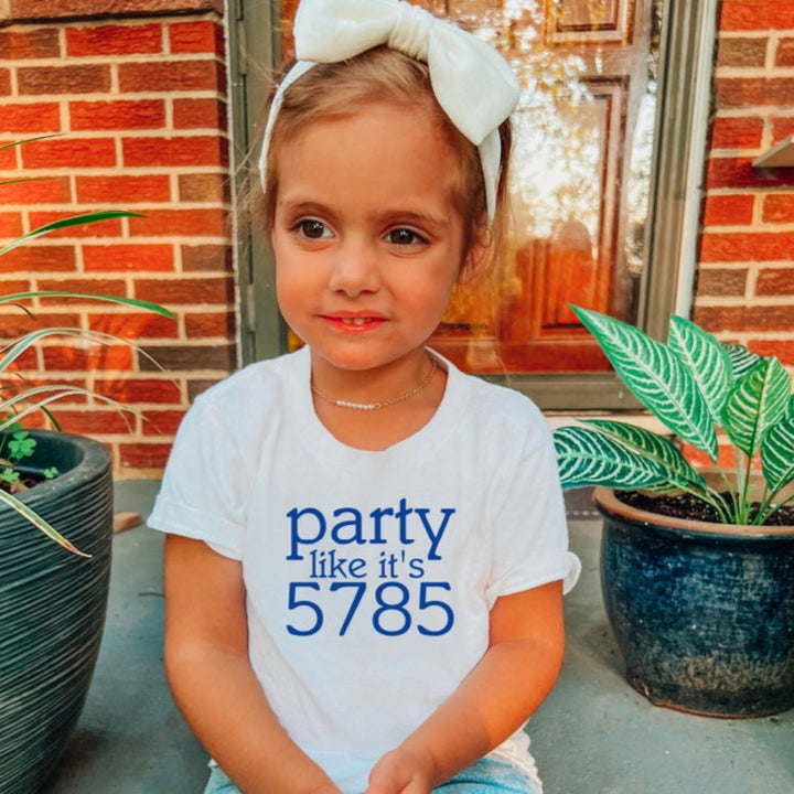 Party Like It's 5785 Rosh Hashana Toddler Tee | Funny Gender Neutral Jewish Kids T-Shirt for New Years Preschooler Salt and Sparkle