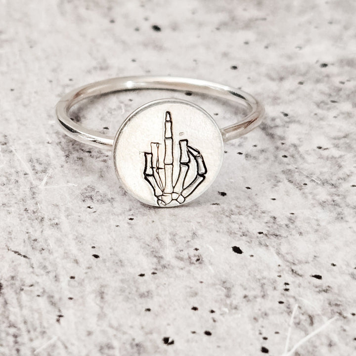 Middle Finger Skeleton Dainty Halloween Ring Salt and Sparkle