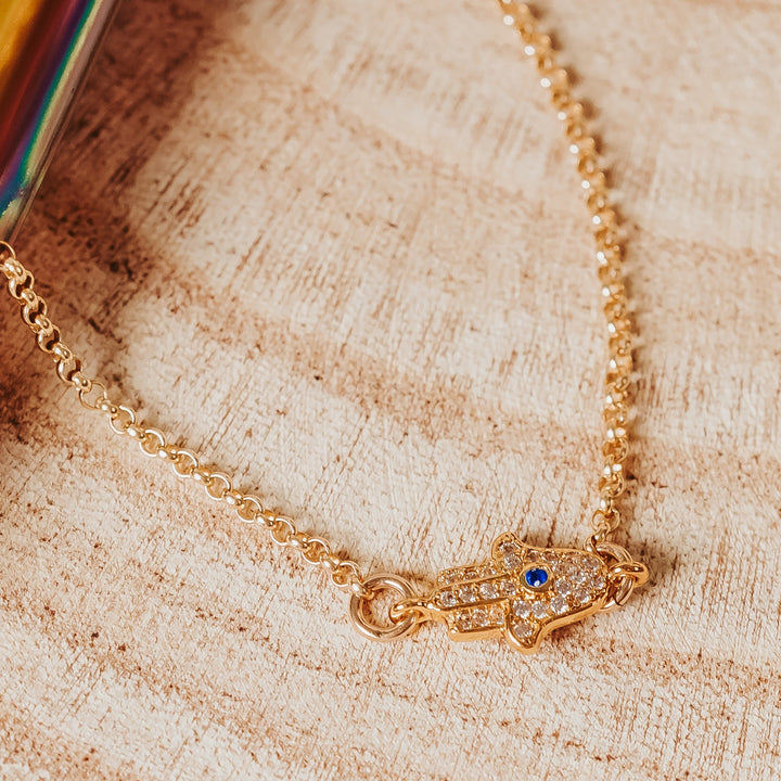 Gold Hamsa Necklace | Dainty Gold Crystal Hamsa Evil Eye Everyday Chain for Her Salt and Sparkle