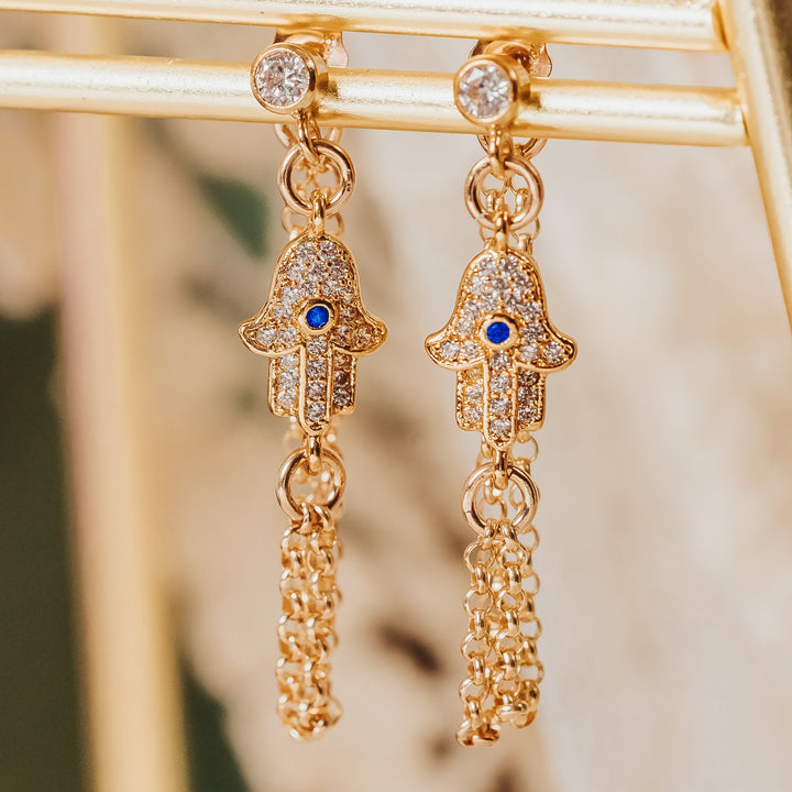 Gold Hamsa Long Stud Earrings | Dainty Gold Crystal Hamsa Evil Eye Hoops for Her Salt and Sparkle