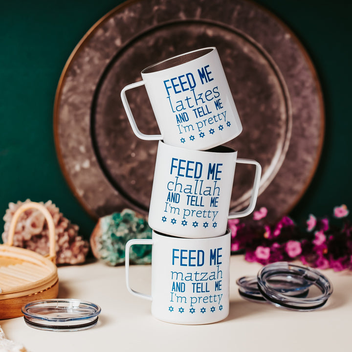 Feed Me Latkes Chanukah Travel Mug, Funny Jewish Coffee Cup for Hanukkah, Jewish Humor Holiday Gift for Work, Jewish Home Decor for Chanukah Salt and Sparkle