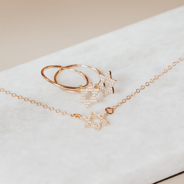 Star of David Crystal Hoop Earrings| Dainty Magen David Hoops for Her Salt and Sparkle