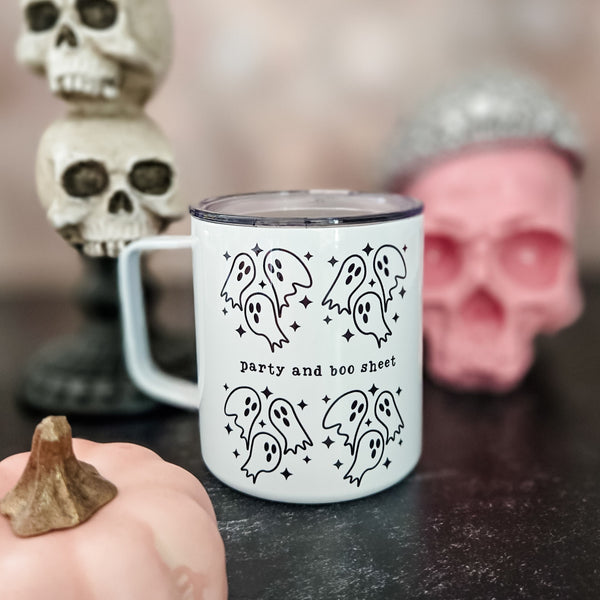 Funny Ghost Halloween Travel Mug with Lid, Party and Boo Sheet Halloween Pun Insulated Cup with Lid, Cute Halloween Party Coffee Tumbler Salt and Sparkle