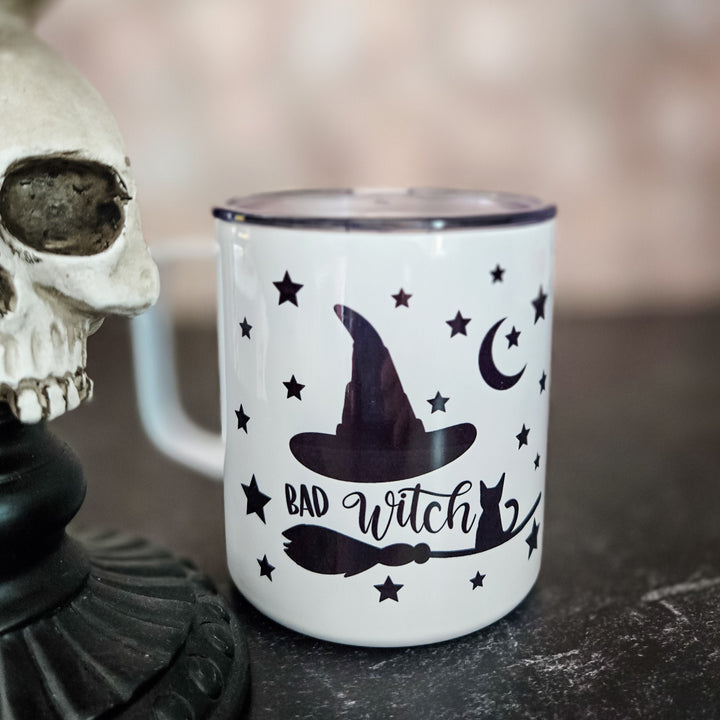 Bad Witch Coffee Cup, Halloween Travel Mug with Lid, Witch, Broom and Cat Halloween Insulated Cup with Lid, Cute Halloween Party Favor Salt and Sparkle