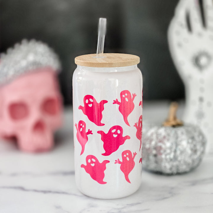 Pink Ghost Sparkly Printed Iced Coffee Cup - Cute Halloween Beer Can Glass Salt and Sparkle