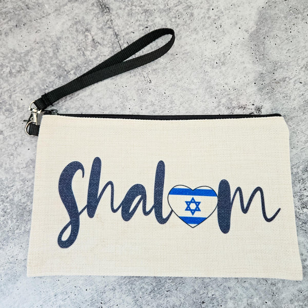 Shalom Makeup Pouch, Jewish Pencil Case  Back to School, Stand with Israel Tote Bag Organizer, Chanukah Gift for Teen Wristlet Wallet Bag Salt and Sparkle