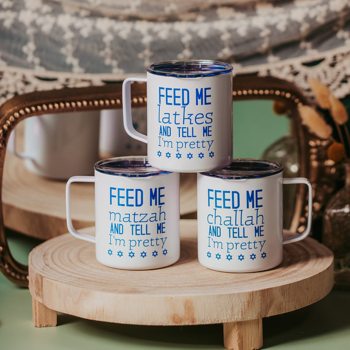 Feed Me Matzah Passover Mug, Funny Jewish Coffee Cup for Pesach, Jewish Humor Holiday Family Decor, Jewish Hostess Gift for Passover Seder Salt and Sparkle