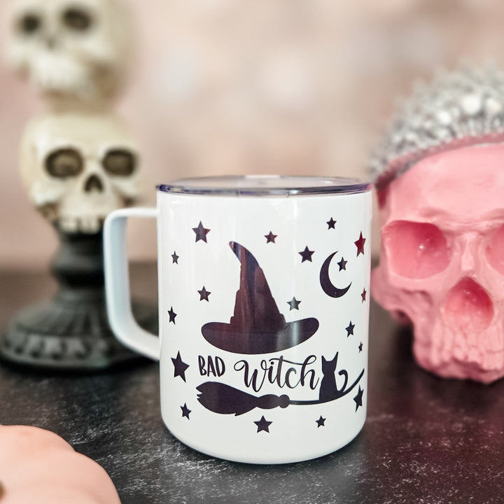 Bad Witch Coffee Cup, Halloween Travel Mug with Lid, Witch, Broom and Cat Halloween Insulated Cup with Lid, Cute Halloween Party Favor Salt and Sparkle