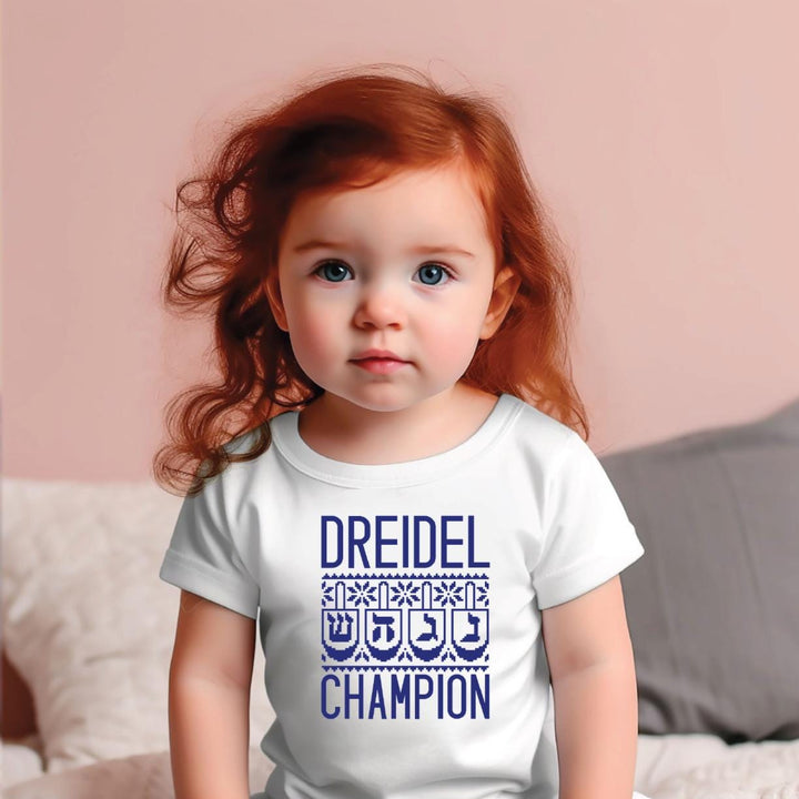 Dreidel Champion Chanukah Baby Bodysuit, Funny Hanukkah Toddler Tee Shirt for Boy, Matching Holiday Gift Sibling Shirts for Jewish Children Salt and Sparkle