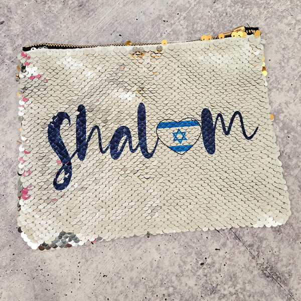 Shalom Love Israel Heart Flag Pouch | Sequined Secret Message Cosmetic Bag Salt and Sparkle