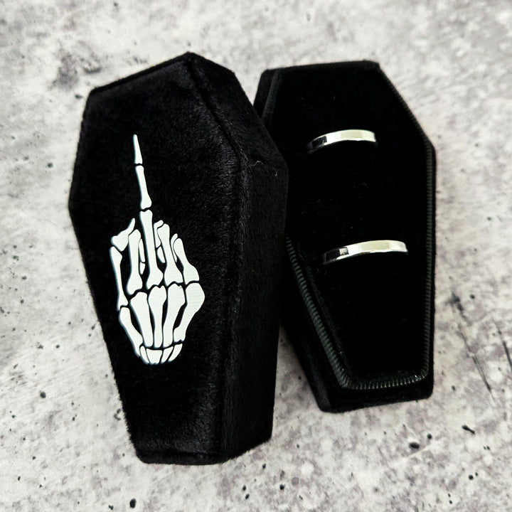 Black Velvet Coffin Ring Box - Skeleton Middle Finger Coffin Jewelry Box for Halloween Salt and Sparkle