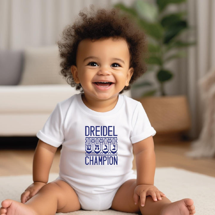 Dreidel Champion Chanukah Baby Bodysuit, Funny Hanukkah Toddler Tee Shirt for Boy, Matching Holiday Gift Sibling Shirts for Jewish Children Salt and Sparkle