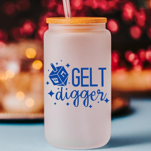 Gelt Digger Printed Glass Can Cup for her | Funny Jewish Humor Gift for Chanukah Salt and Sparkle