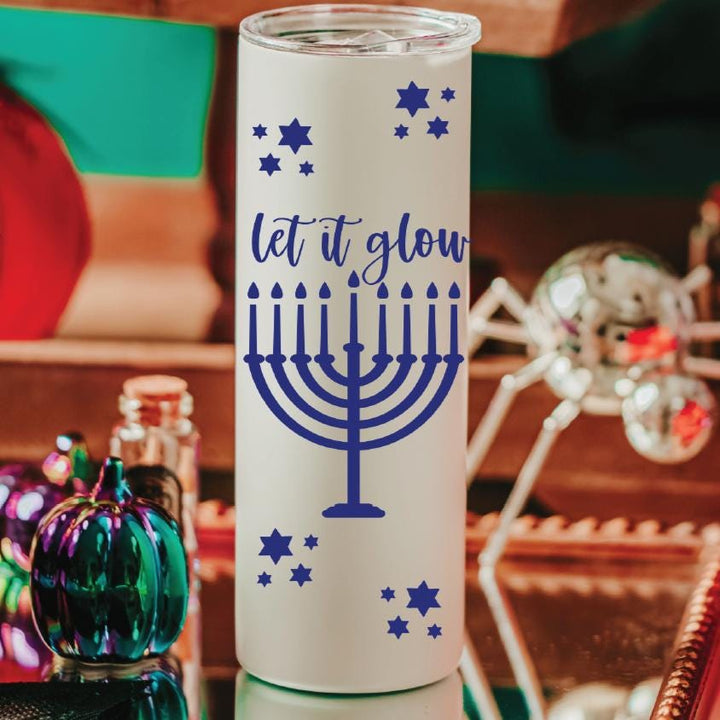 Let It Glow Hanukkah Drink Tumbler, Glow in the Dark Chanukah Travel Cup for Her, 20oz Stainless Steel with Lid & Straw, Unique Jewish Gift Salt and Sparkle