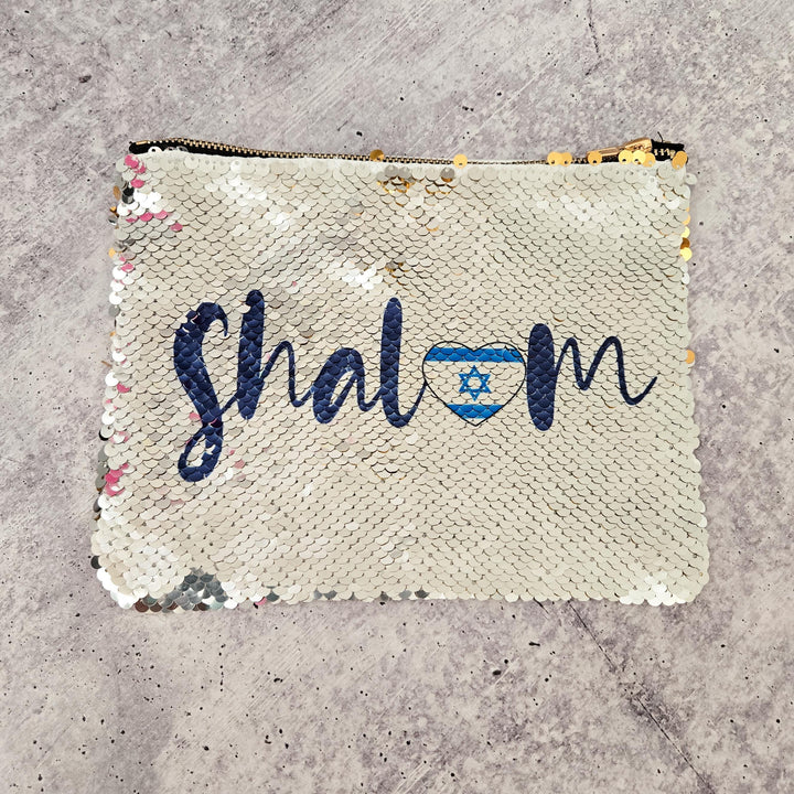 Shalom Love Israel Heart Flag Pouch | Sequined Secret Message Cosmetic Bag Salt and Sparkle