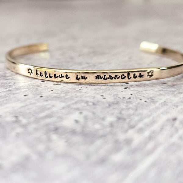 Believe in Miracles Hanukkah Adjustable Skinny Cuff Bracelet | Dainty Jewish Jewelry Salt and Sparkle